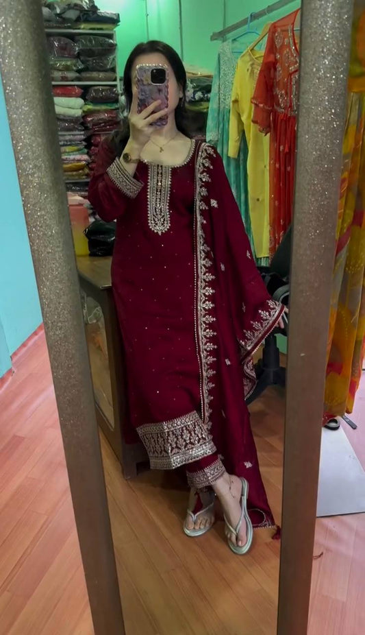 Exclusive Chinnon Silk Maroon Color Salwar Suit
