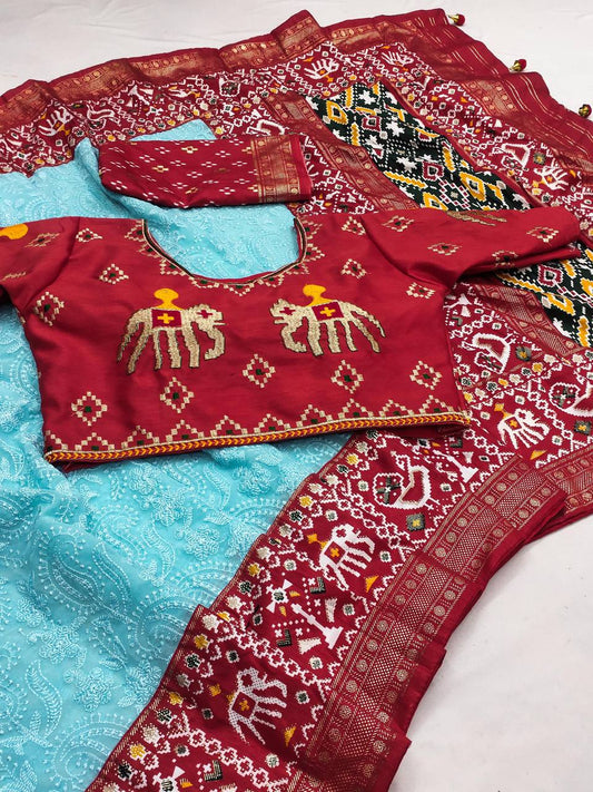 Georgette Foil Printed Sky Blue Color Festive Wear Saree
