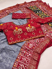 Georgette Foil Printed Gray Color Festive Wear Saree