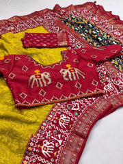 Georgette Foil Printed Mustard Color Festive Wear Saree