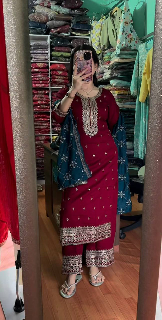 Stunning Red Color Chinnon Silk Salwar Suit