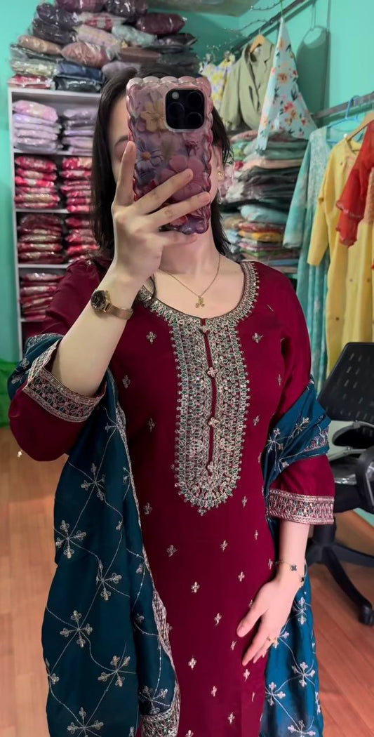 Stunning Red Color Chinnon Silk Salwar Suit