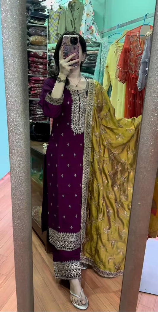 Stunning Wine Color Chinnon Silk Salwar Suit