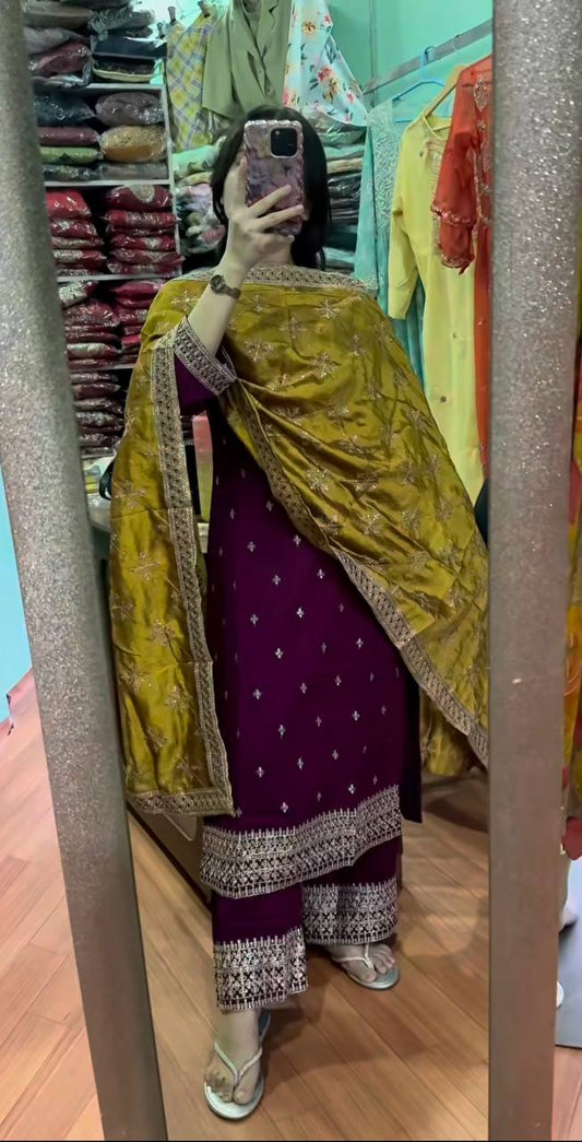 Stunning Wine Color Chinnon Silk Salwar Suit