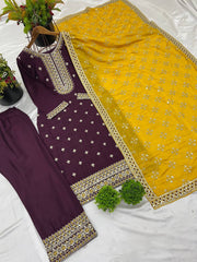 Stunning Wine Color Chinnon Silk Salwar Suit