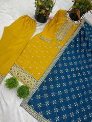 Stunning Yellow Color Chinnon Silk Salwar Suit