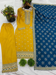 Stunning Yellow Color Chinnon Silk Salwar Suit