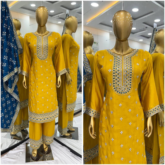 Stunning Yellow Color Chinnon Silk Salwar Suit