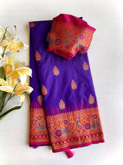 Beautiful Paithani Silk Blue Color Zari Weaves Saree