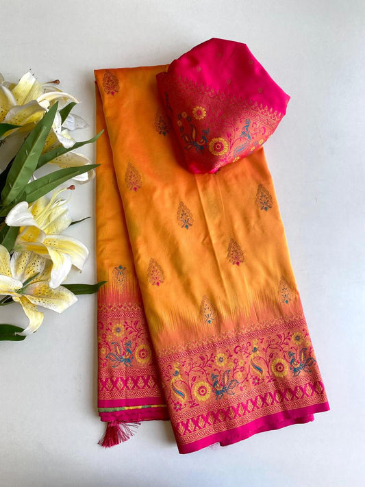 Beautiful Paithani Silk Orange Color Zari Weaves Saree