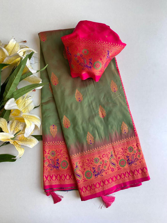 Beautiful Paithani Silk Mehndi Color Zari Weaves Saree
