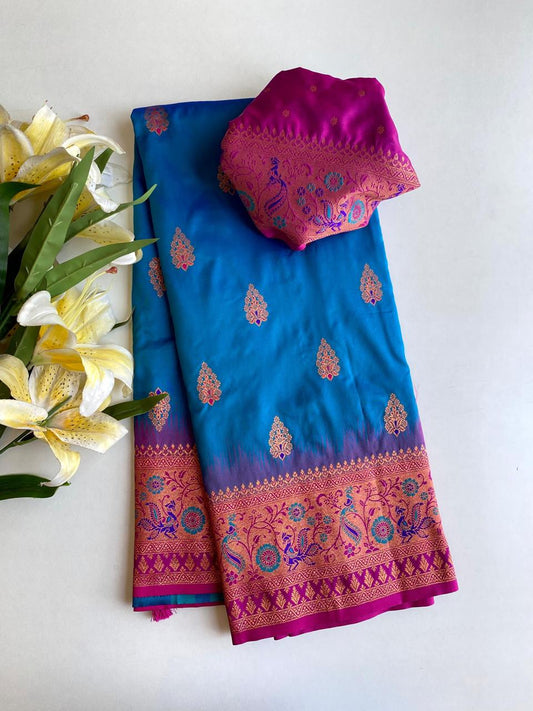 Beautiful Paithani Silk Blue Color Zari Weaves Saree