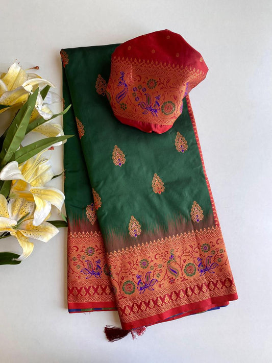 Beautiful Paithani Silk Green Color Zari Weaves Saree