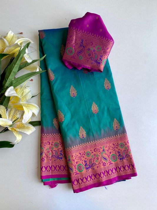 Beautiful Paithani Silk Teal Blue Color Zari Weaves Saree