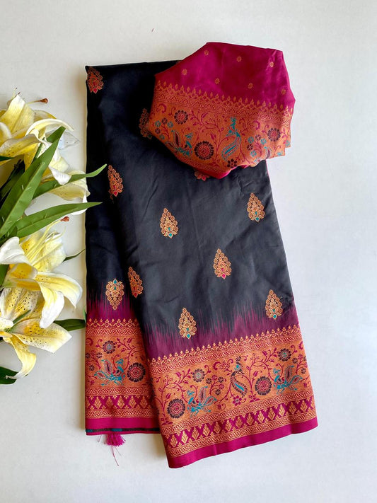 Beautiful Paithani Silk Black Color Zari Weaves Saree