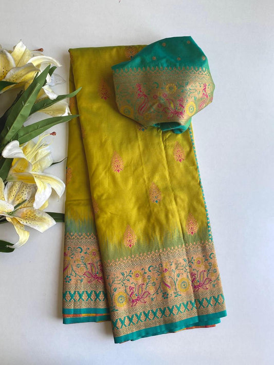 Beautiful Paithani Silk Yellow Color Zari Weaves Saree
