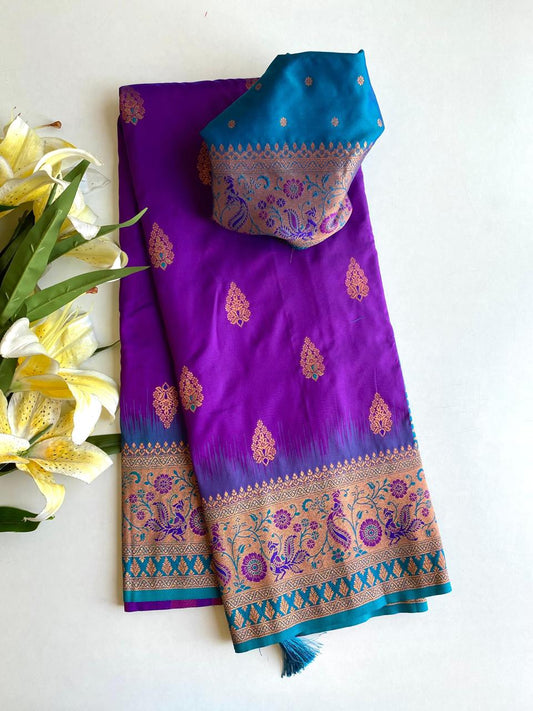 Beautiful Paithani Silk Purple Color Zari Weaves Saree