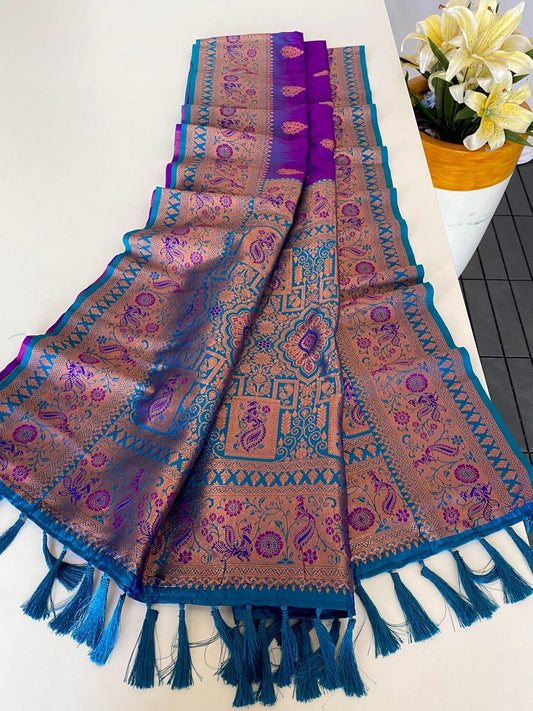Beautiful Paithani Silk Purple Color Zari Weaves Saree