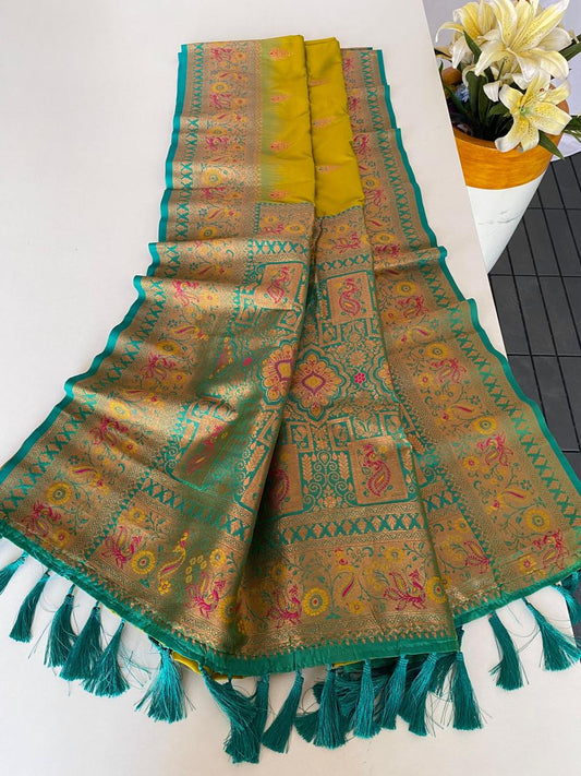 Beautiful Paithani Silk Yellow Color Zari Weaves Saree