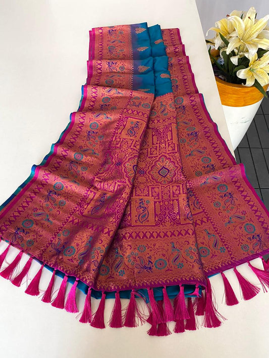 Beautiful Paithani Silk Blue Color Zari Weaves Saree