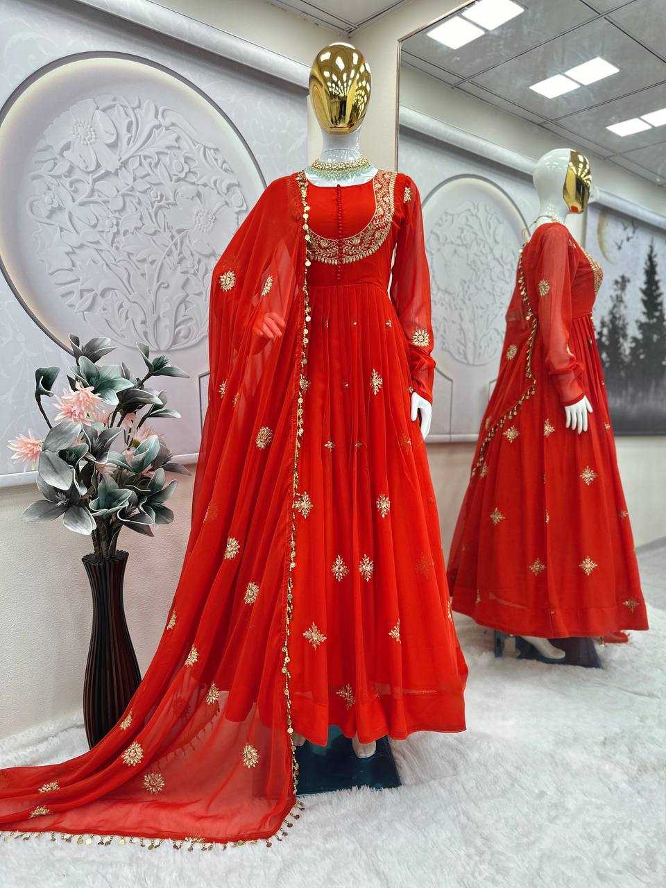 Gorgeous Embroidery Work Orange Color Gown