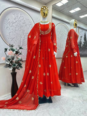 Gorgeous Embroidery Work Orange Color Gown