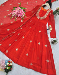 Gorgeous Embroidery Work Orange Color Gown