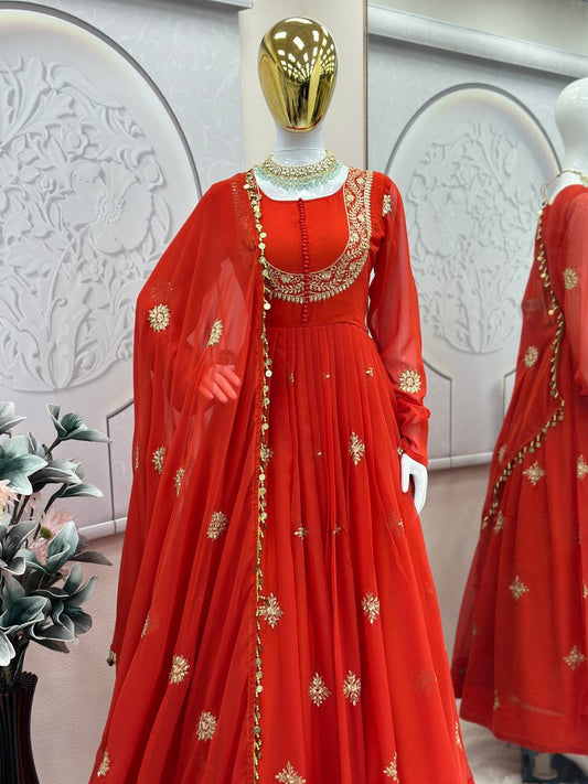 Gorgeous Embroidery Work Orange Color Gown