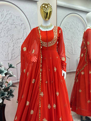 Gorgeous Embroidery Work Orange Color Gown