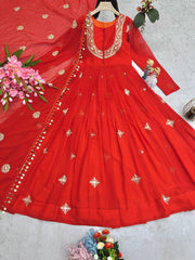 Gorgeous Embroidery Work Orange Color Gown