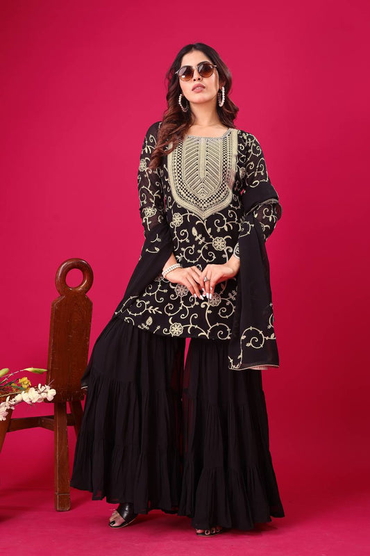 Captivating Georgette Embroidery Work Black Color Sharara Suit