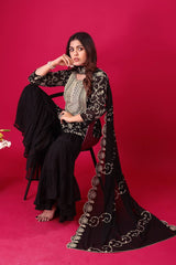 Captivating Georgette Embroidery Work Black Color Sharara Suit