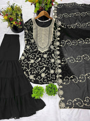 Captivating Georgette Embroidery Work Black Color Sharara Suit