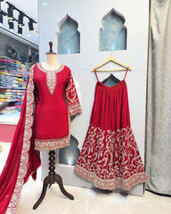 Awesome Chinon Silk Red Color Sharara Suit