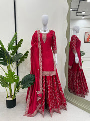 Awesome Chinon Silk Red Color Sharara Suit