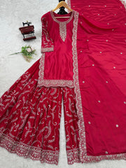 Awesome Chinon Silk Red Color Sharara Suit