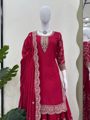 Awesome Chinon Silk Red Color Sharara Suit