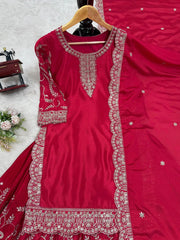 Awesome Chinon Silk Red Color Sharara Suit
