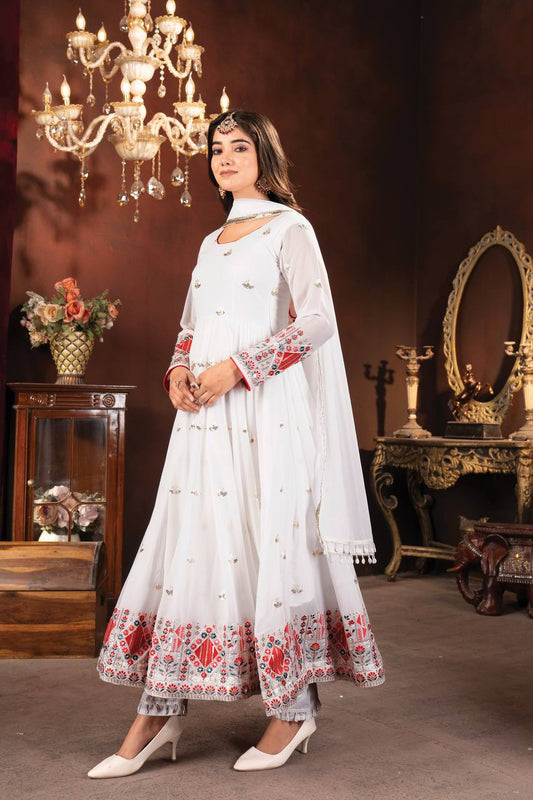 Stylish Embroidered Work White Color Gown