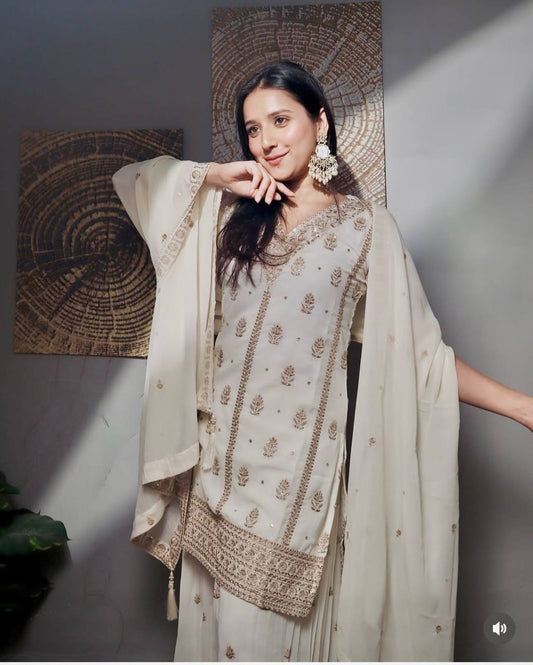 Classic Embroidery Work White Color Sharara Suit