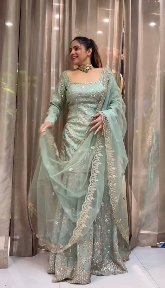 Good Looking Embroidery Work Aqua Green Color Sharara Suit