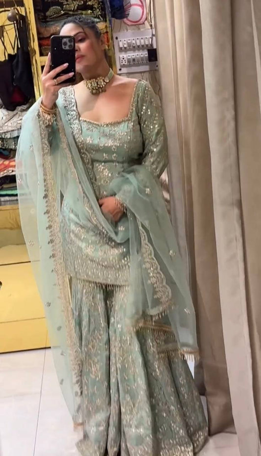 Good Looking Embroidery Work Aqua Green Color Sharara Suit