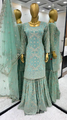 Good Looking Embroidery Work Aqua Green Color Sharara Suit