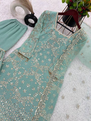 Good Looking Embroidery Work Aqua Green Color Sharara Suit