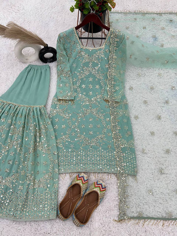 Good Looking Embroidery Work Aqua Green Color Sharara Suit