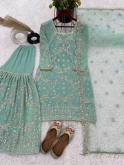 Good Looking Embroidery Work Aqua Green Color Sharara Suit