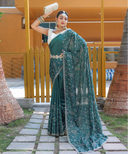 Function Wear Floral Design Teal Green Color Saree