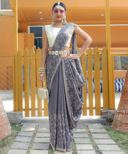 Function Wear Floral Design Grey Color Saree