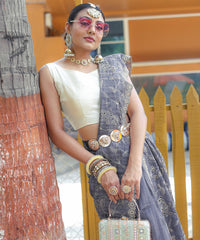 Function Wear Floral Design Grey Color Saree