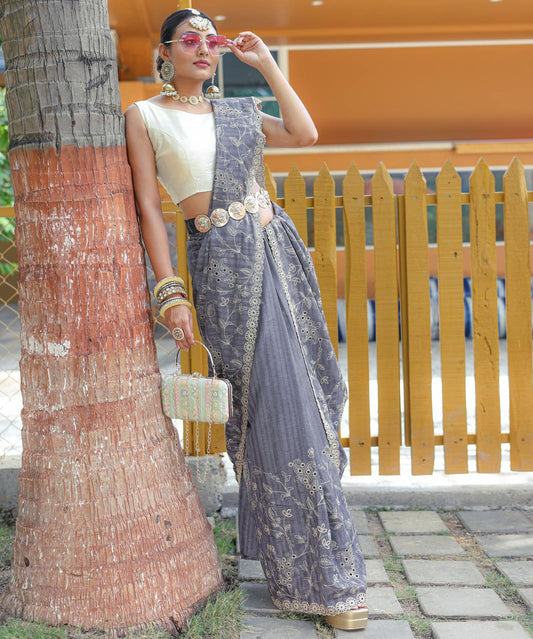 Function Wear Floral Design Grey Color Saree